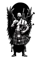 no legs shirtless muscular bagpiper bald black beard playing bagpipes hoge black wings tattoo design idea