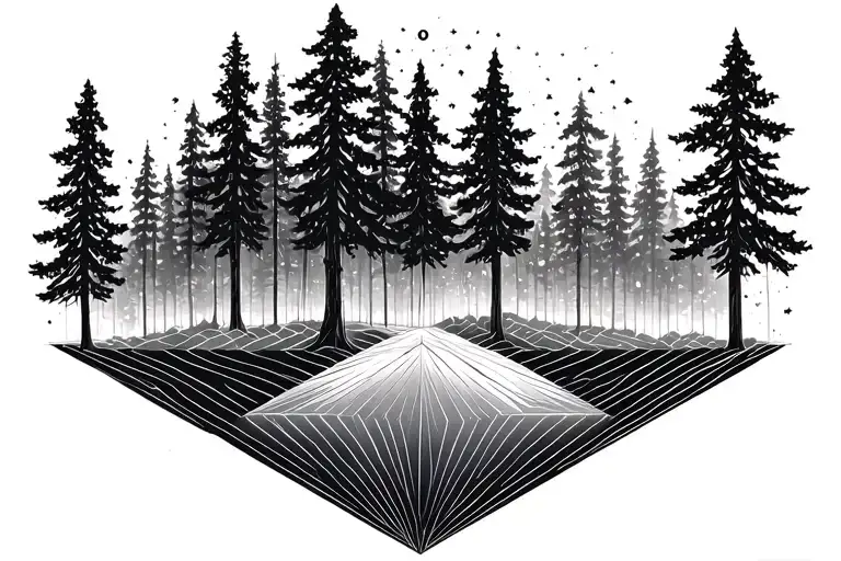 The forest transitions into scientific geometric shapes, as if a measurement were being made, with tree height, trunk he tattoo design idea