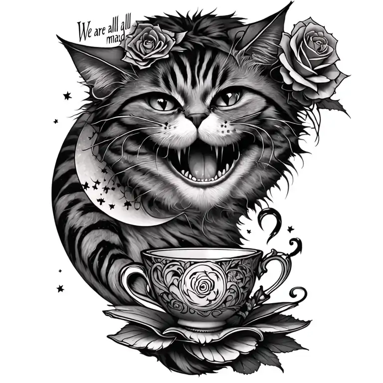 "We are all a little mad" twisted goth cheshire cat with extreme smile, teacup, rose. and moon intertwined  tattoo design idea