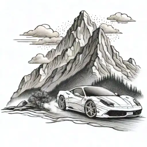 A majestic mountain scene with a Ferrari driving up the slopes, symbolizing ambition and success tattoo design idea