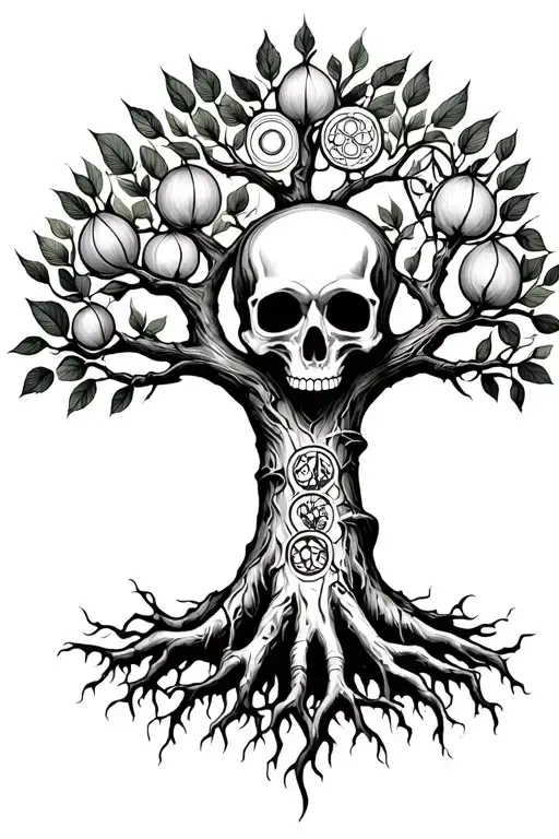 a tree of life with death rebirth and transformation with a skull and elements on the trunk with leaves and roots normal tattoo design idea