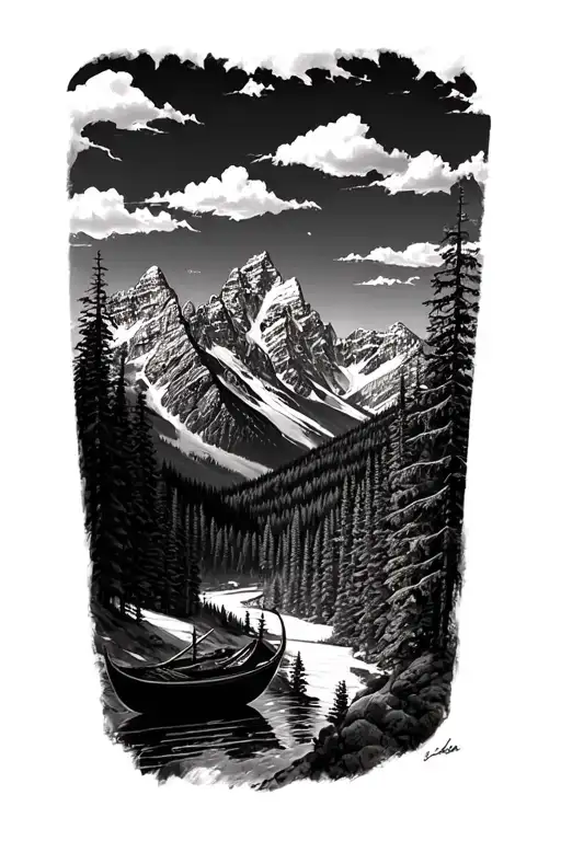 grand Teton mountain range dream to reality with gondola black and white tattoo design idea