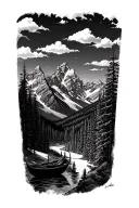 grand Teton mountain range dream to reality with gondola black and white tattoo design idea