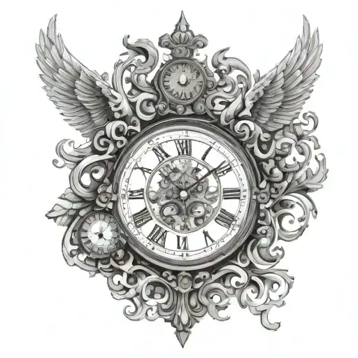I want a black and white full sleeve tattoo (upper and lower arms) about a clock and time with Satan and an angel on each side of the image. tattoo design idea