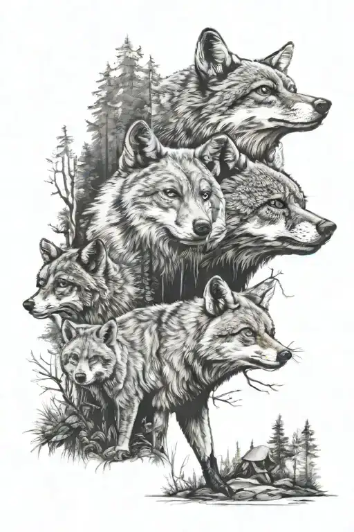 forest, bear, fox, coyote, raccoon tattoo design idea