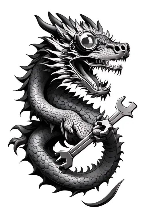 realistic chinese dragon wearing steampunk goggles and holding a wrench tattoo design idea