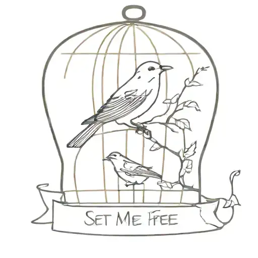 Quote "Set Me Free" with bird and cage tattoo design idea