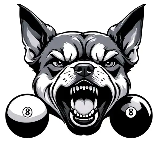 Angry Dog with 8 ball in mouth open tattoo design idea