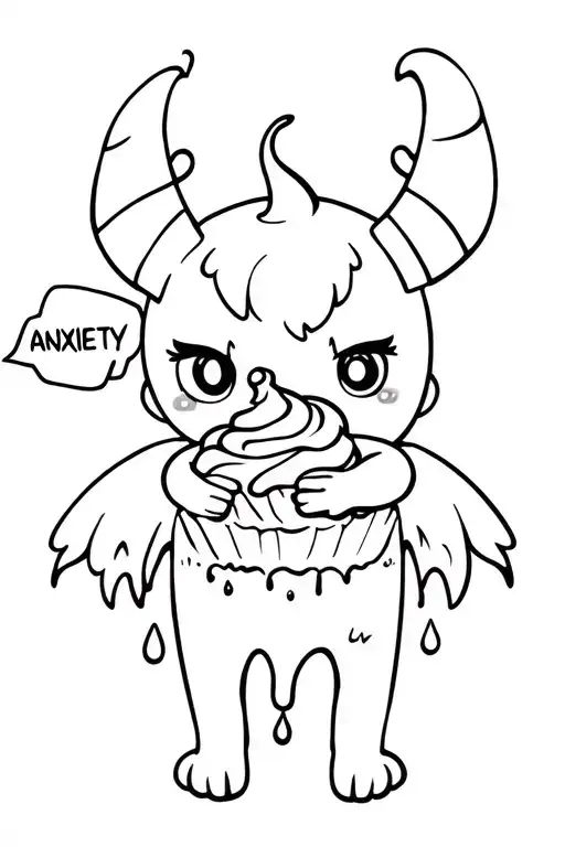 cute chibi monster with mini horns and wings eating a cupcake labled "anxiety" as the words anxiety is dripping  tattoo design idea