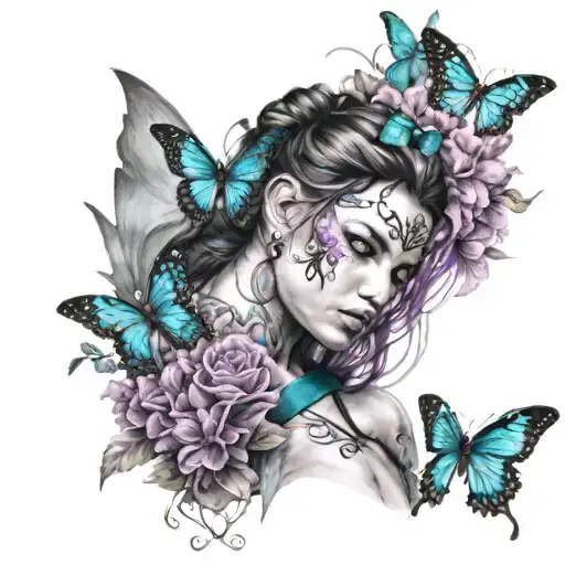 Warrior surrounded by flowers and butterflies holding teal and purple ribbon tattoo design idea