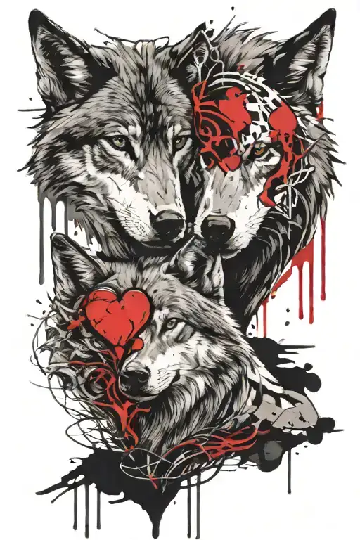 A tattoo depicting two wolves protecting a heart. tattoo design idea