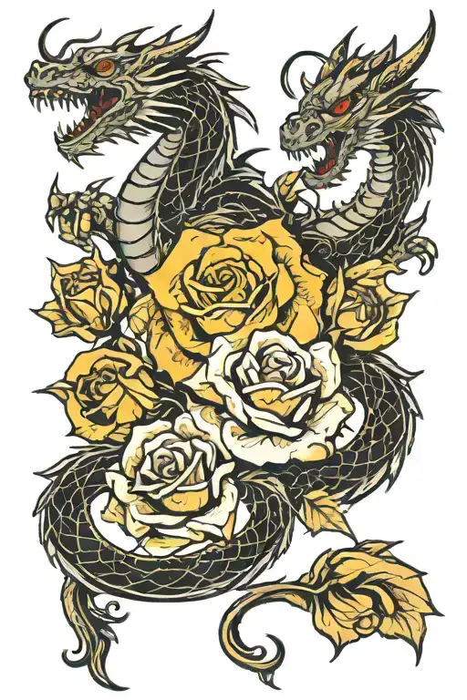 dragons around yellow rose  tattoo design idea
