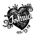 "Joshua 12-3-14" heart v8 engine surrounded tattoo design idea