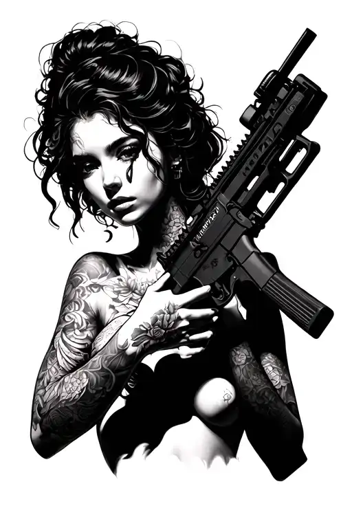 ra15 assault rifle with nude tattoo woman holding it tattoo design idea