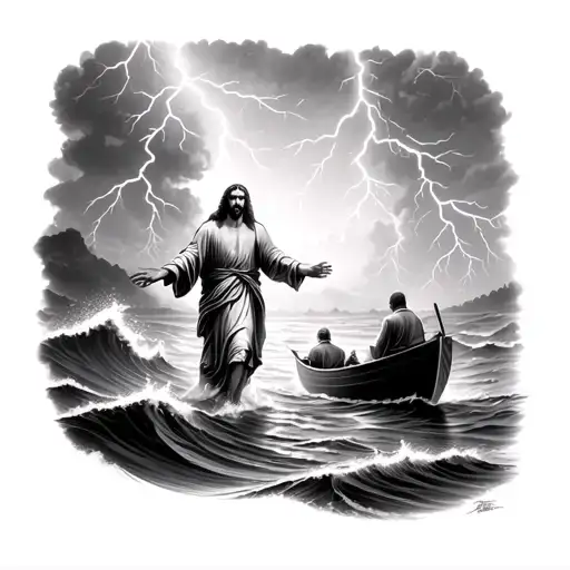 Jesus walking over the water in a sea with giant waves and lightning storms reaching out to a man in a boat tattoo design idea