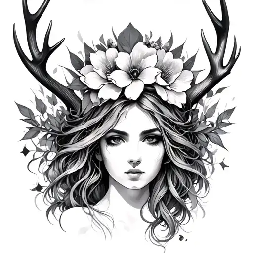 ametrius goddess  antlers flower tattoo design idea