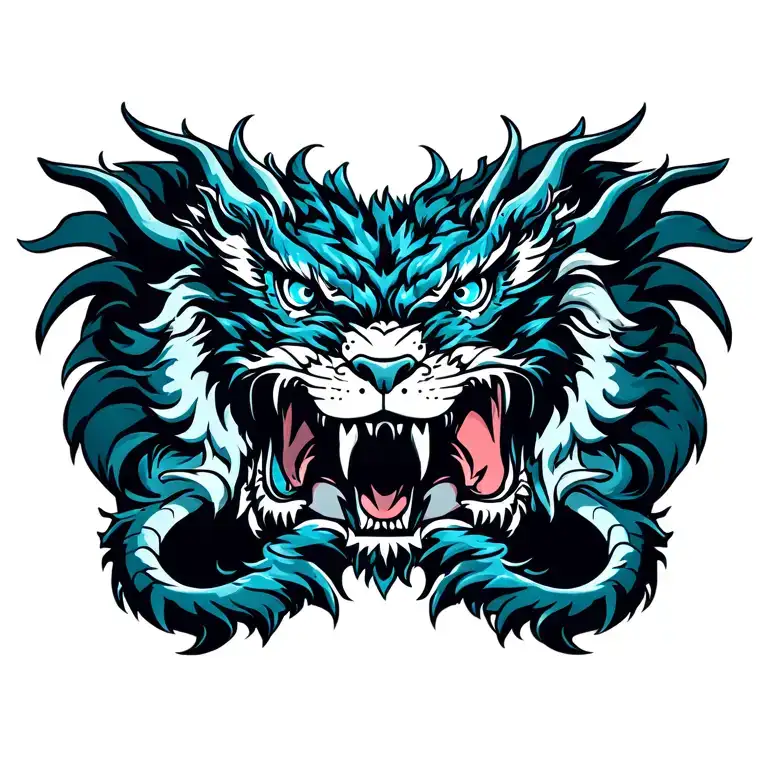 dragon with blue eyes fighting a lion roaring tattoo design idea