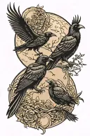 two crows, one in front of the other, framed by the moon tattoo design idea