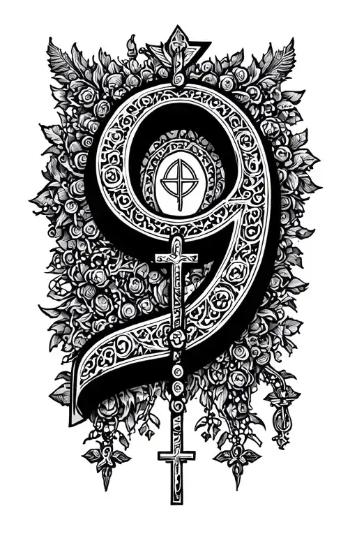 number 9 with cathlic rosary tattoo design idea