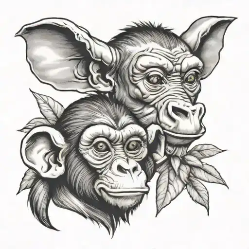 baby monkey and cow head tattoo design idea
