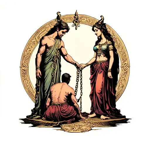 small man subbmitting to his Goddess standing tall, him on his knees chained,  as she looks down on him BDSM themed tattoo design idea