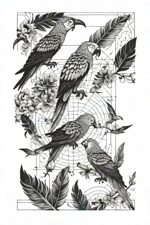 A detailed chart graphing the rise and fall of currency values intertwined with intricate parrot feathers tattoo design idea