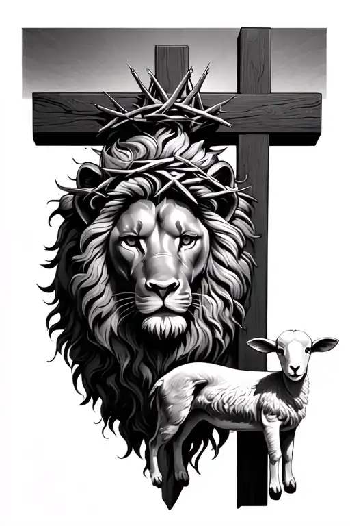 lion with crown of thorns inside a cross with a lamb at the foot of the cross tattoo design idea