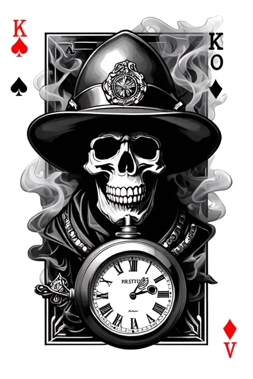 firefighter theme skulls, playing cards, pocket watch, smoke  tattoo design idea