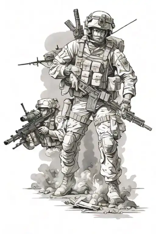 marine corps mash up with insiried war scene iraq hummvees, helicopters, ied explosions  tattoo design idea