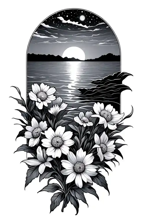 ocean sunset with sunrise, asters, daffodils and pisces and virdo astrology signs tattoo design idea