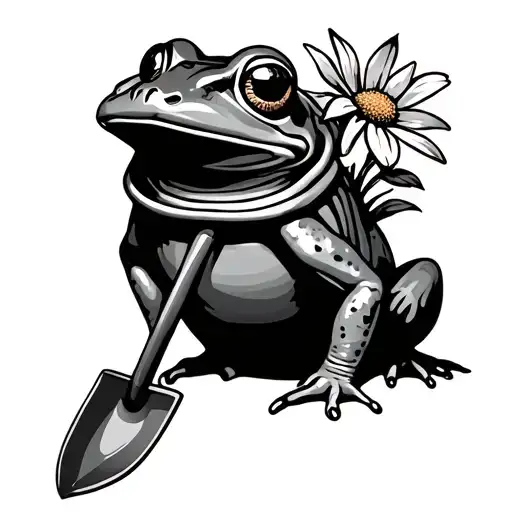 frog and a flower pot with shovel tattoo design idea