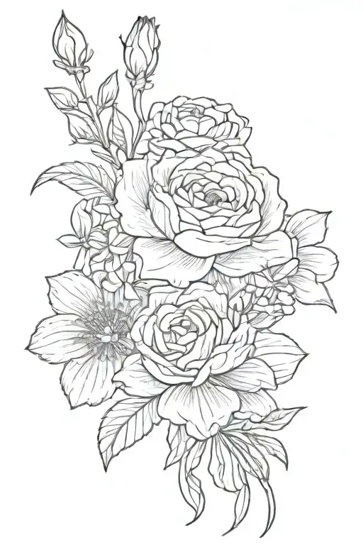rose, carnation, water lily, honeysuckle, daisy, sweetpea, larkspur, snowdrop tattoo design idea