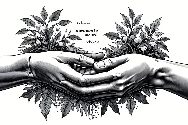 the creation of adam hands with nature and the text ''memento mori'' and ''memento vivere'' tattoo design idea