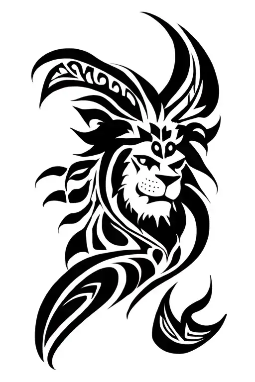 Polynesian tribal tattoo that incorporates a face of a real lion, enata, Tiki, Lizard, Ocean, Turtle, Shark tooth tattoo design idea