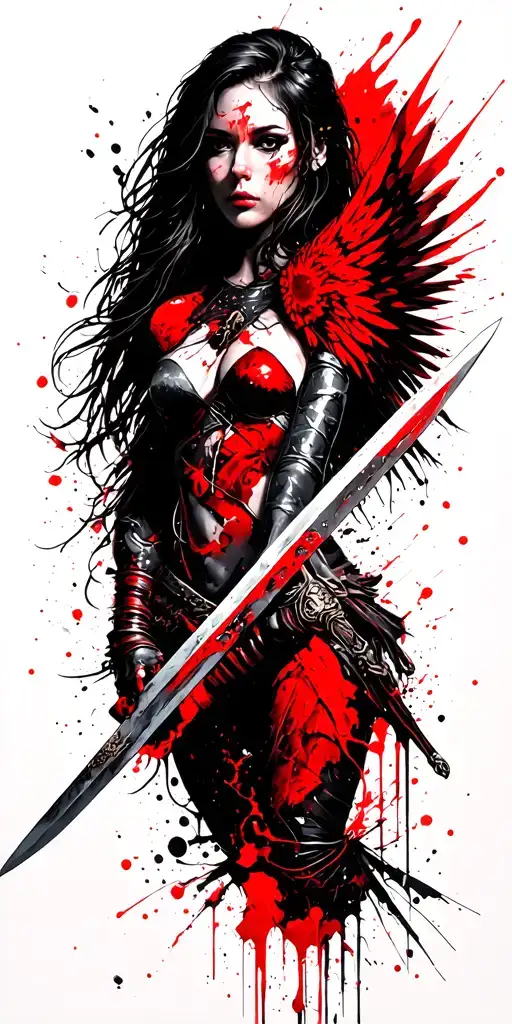 fantasy style female battle angel holding a sword tattoo design idea