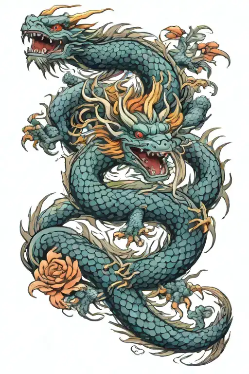 dragon with long tail going down up to palm tattoo design idea