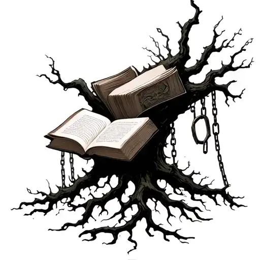 Dark, gnarled roots wrapping around your ankle Hidden in the roots are broken chains Among the roots a small closed book tattoo design idea