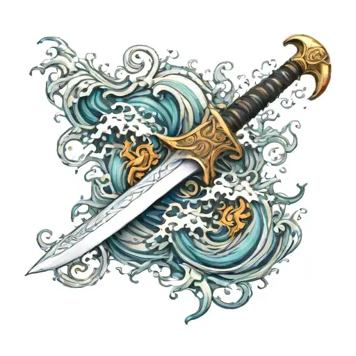 a sword or dagger cutting through turbulent waves and to whatever end written in middle of it  tattoo design idea