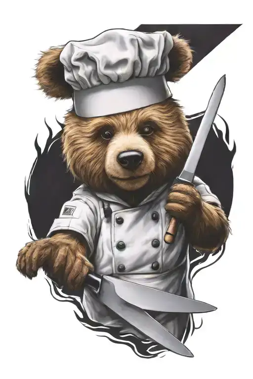a sarcastic teddy bear who is a professional chef flambe tattoo design idea