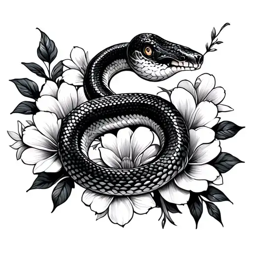 Snake tattoo and flowers from the biceps into the chest tattoo design idea