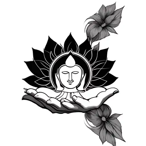 Create a tattoo with 2 hands together holding a lotus buddha with Sudarshan Chakra tattoo design idea