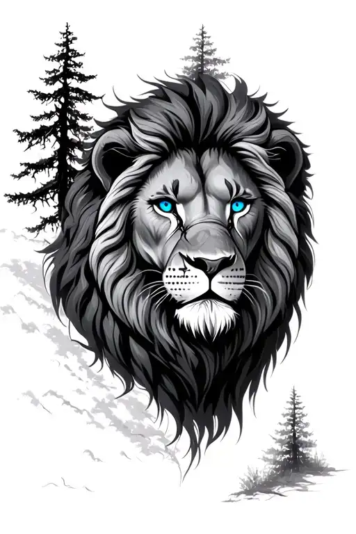 lion with scars and blue eyes with tree in background  tattoo design idea