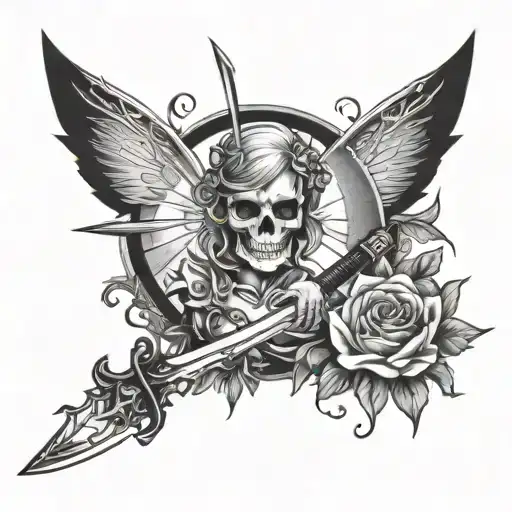 fairy, skull, sword, moon tattoo design idea