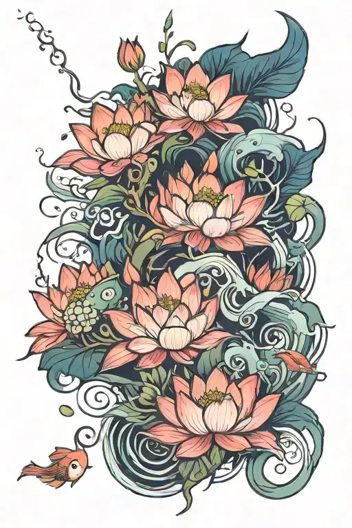 poison tree growing, lotus flower, koi fish tattoo design idea