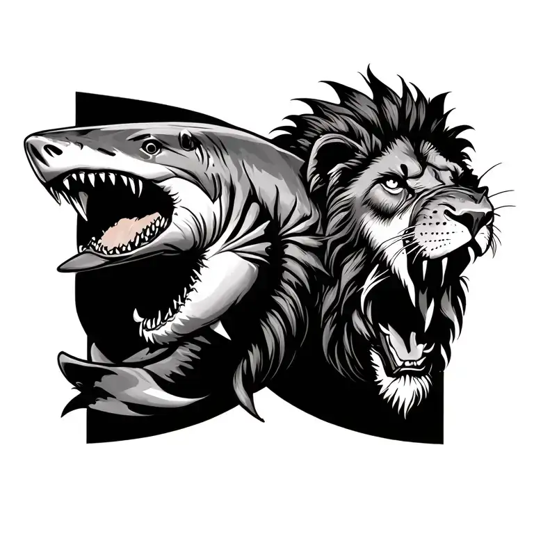lion and shark surrounded tattoo design idea