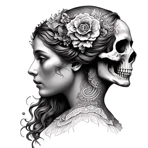 janus head profile lady and skull tattoo design idea