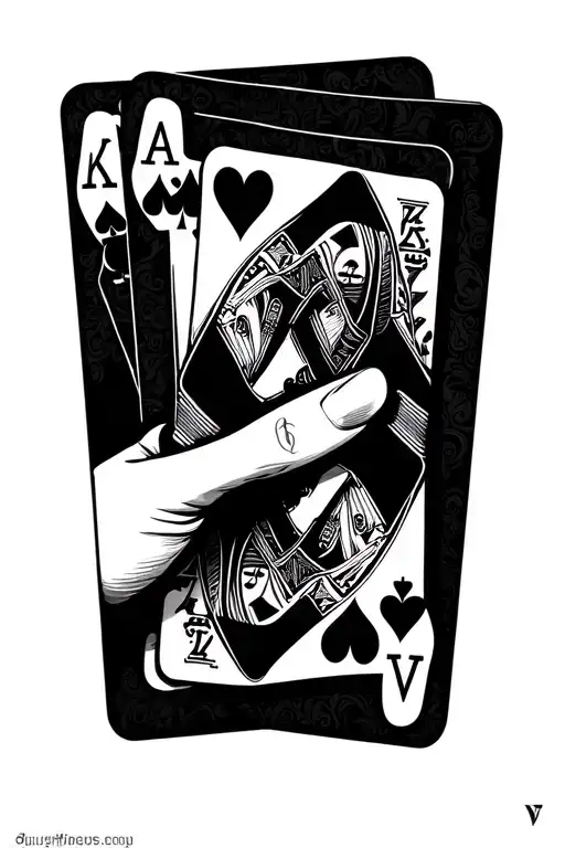 hand holding poker 4 poker cards(jokers) on firts card on the edge write familiy, on secound frienda, third love, fourth tattoo design idea