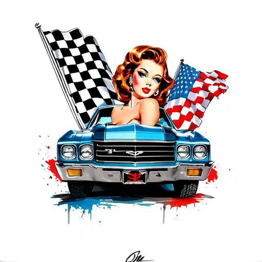 pinup girl with a chevelle front end and two checkard flags tattoo design idea