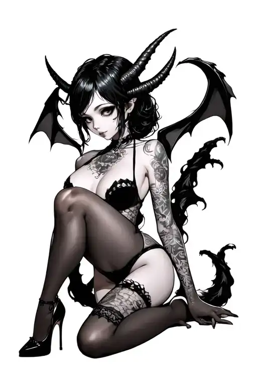 sexy anime succubus with expressive eyes, demon tail and medium horns wearing garter stockings and high heels tattoo design idea