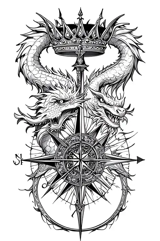 compass, Trishul , two dragon with crown  tattoo design idea